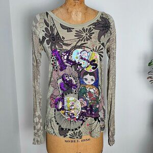 DESIGUAL Sequined Taupe Raglan Top – Size L – Like New